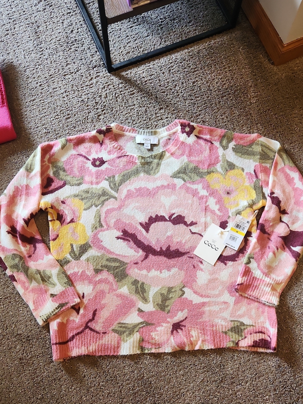 CeCe Pink Floral Crew Sweater with Yellow Accents